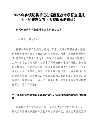 2026年乡镇纪委书记在巡察整改专项督查通报会上的表态发言（含整改承诺模板）