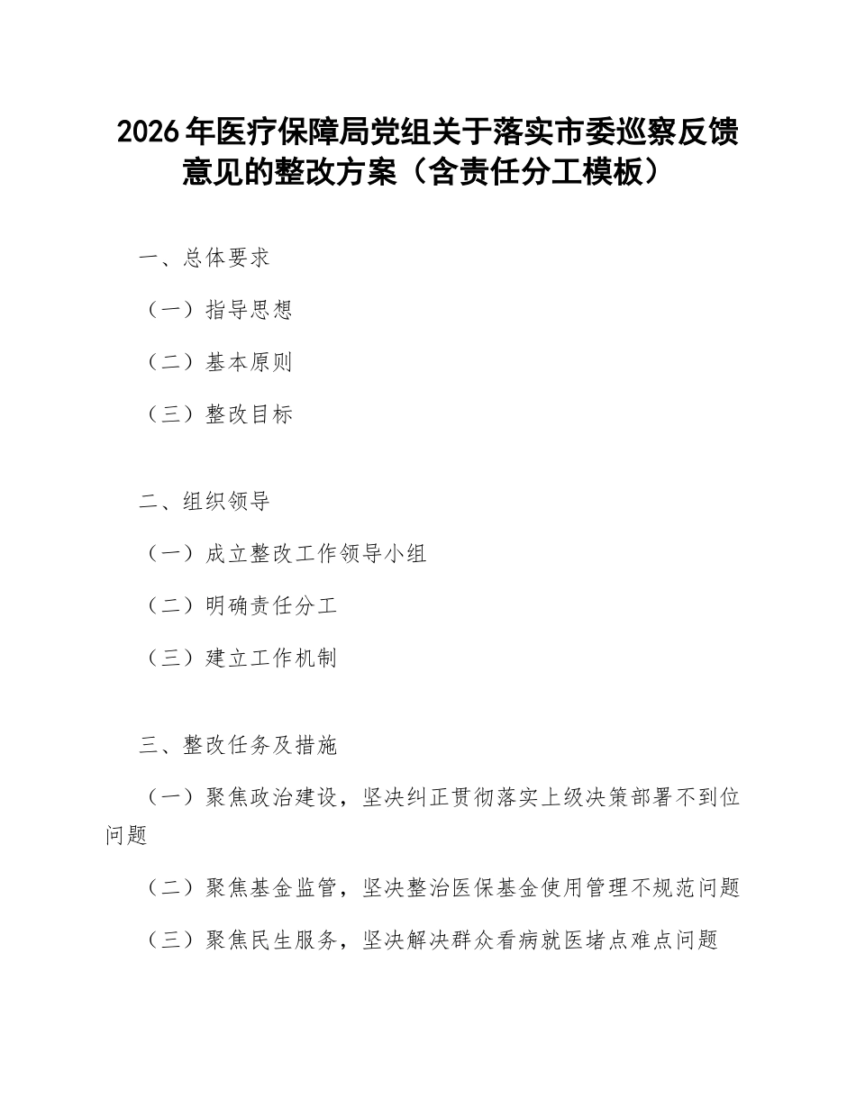 2026年医疗保障局党组关于落实市委巡察反馈意见的整改方案（含责任分工模板）_第1页