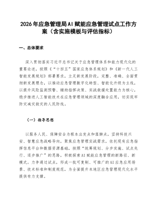 2026年应急管理局AI赋能应急管理试点工作方案（含实施模板与评估指标）
