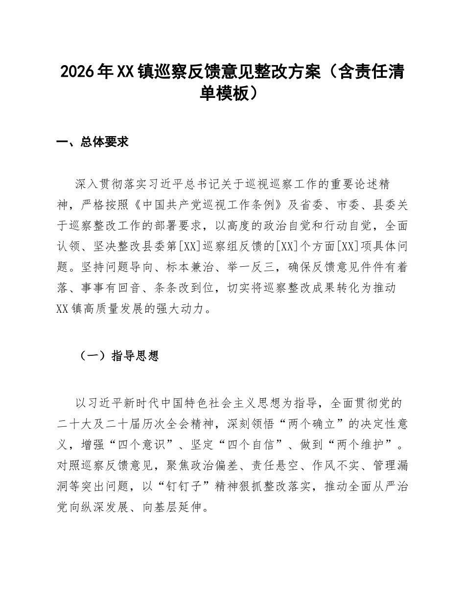 2026年XX镇巡察反馈意见整改方案（含责任清单模板）_第1页