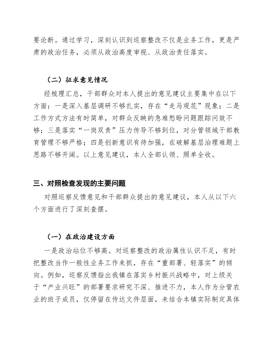 2026年乡镇党委班子成员巡察整改专题生活会对照检查材料（含问题清单与整改措施模板）_第3页