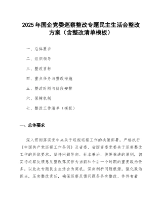 2025年国企党委巡察整改专题生活会整改方案（含整改清单模板）