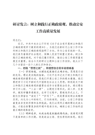 研讨发言：树立和践行正确政绩观，推动公安工作高质量发展