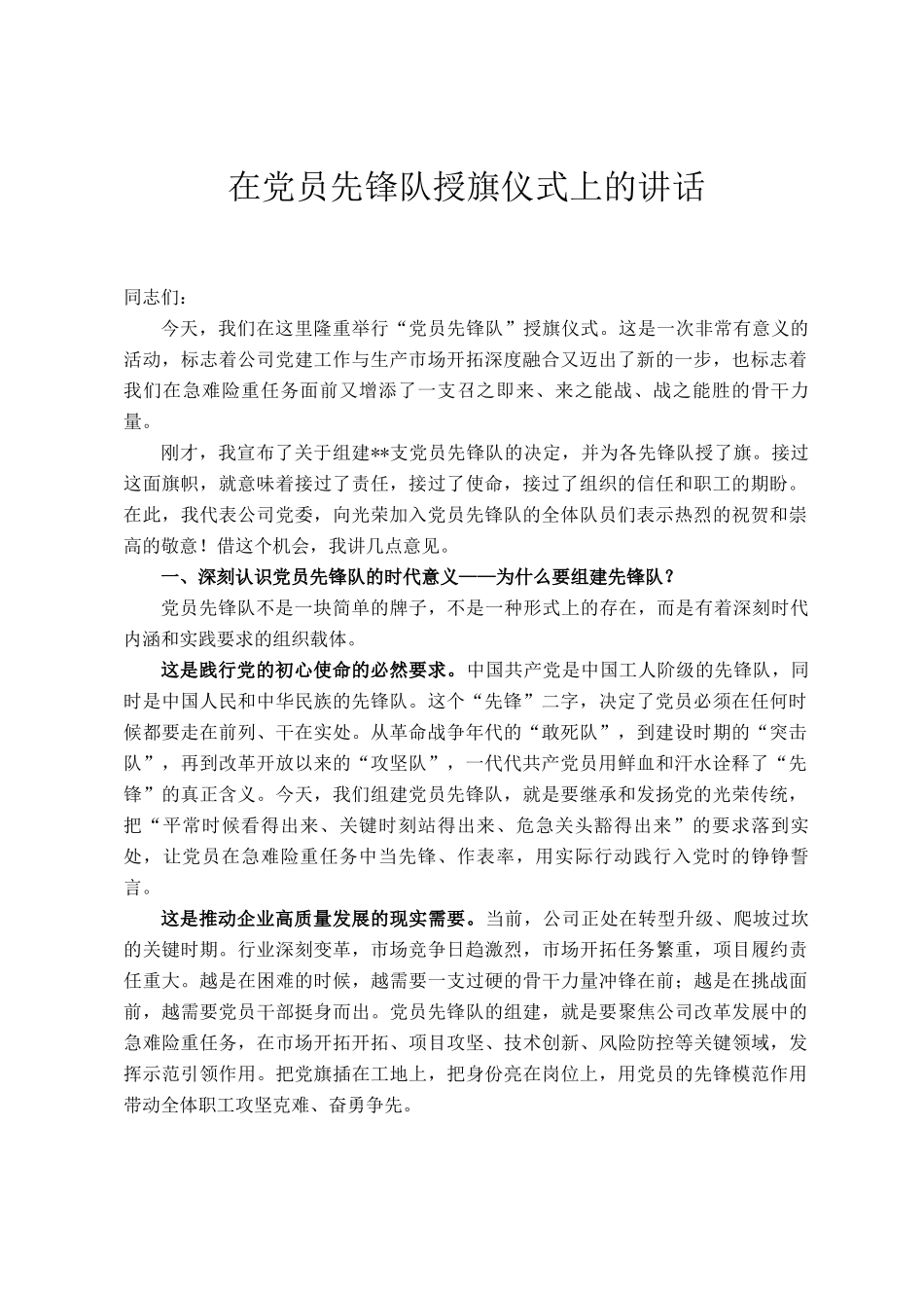 在党员先锋队授旗仪式上的讲话_第1页
