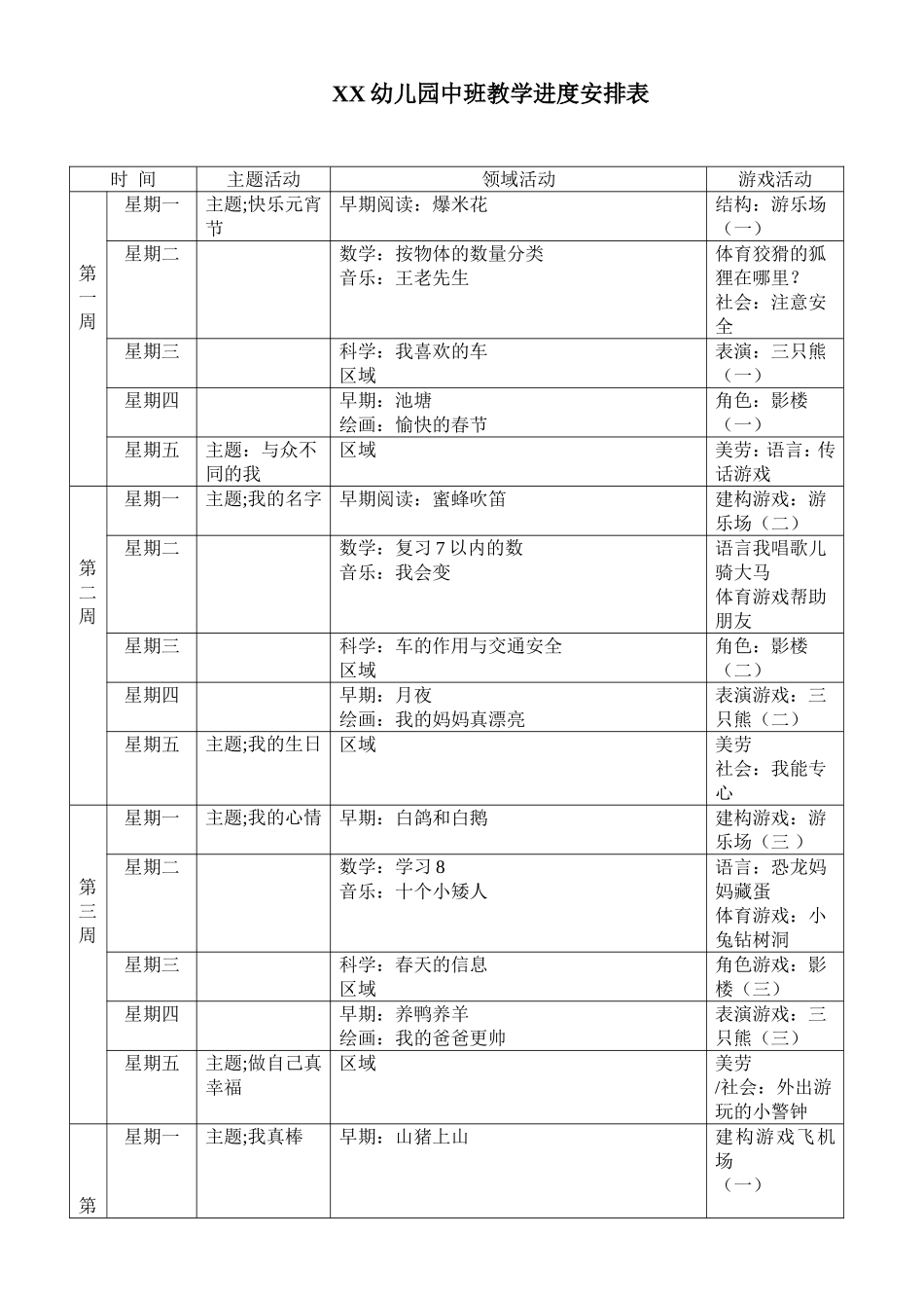 XX幼儿园中班教学进度安排表_第1页