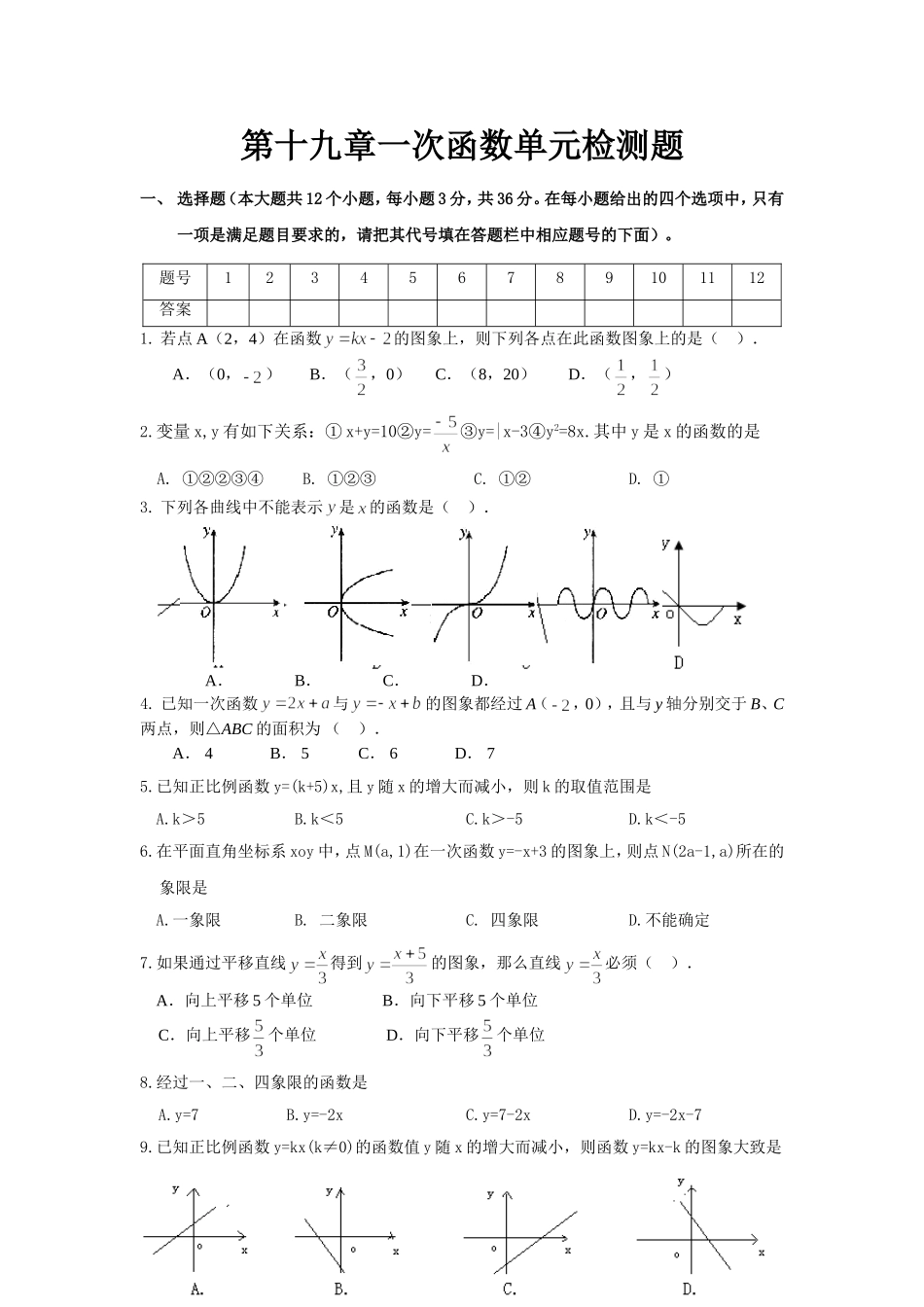 第十九章一次函数单元检测题_第1页