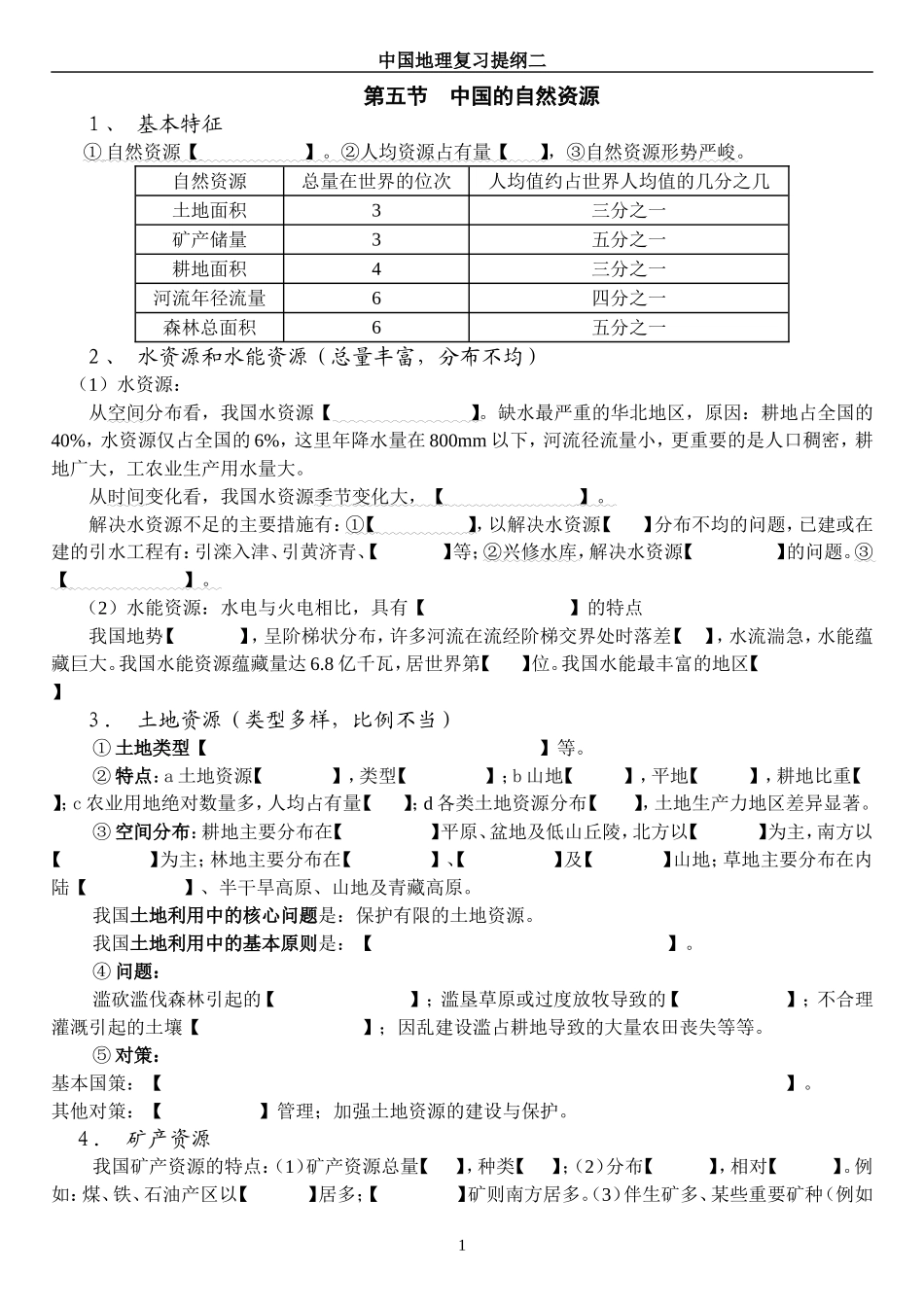 第五节中国的自然资源测试题中国地理复习提纲_第1页