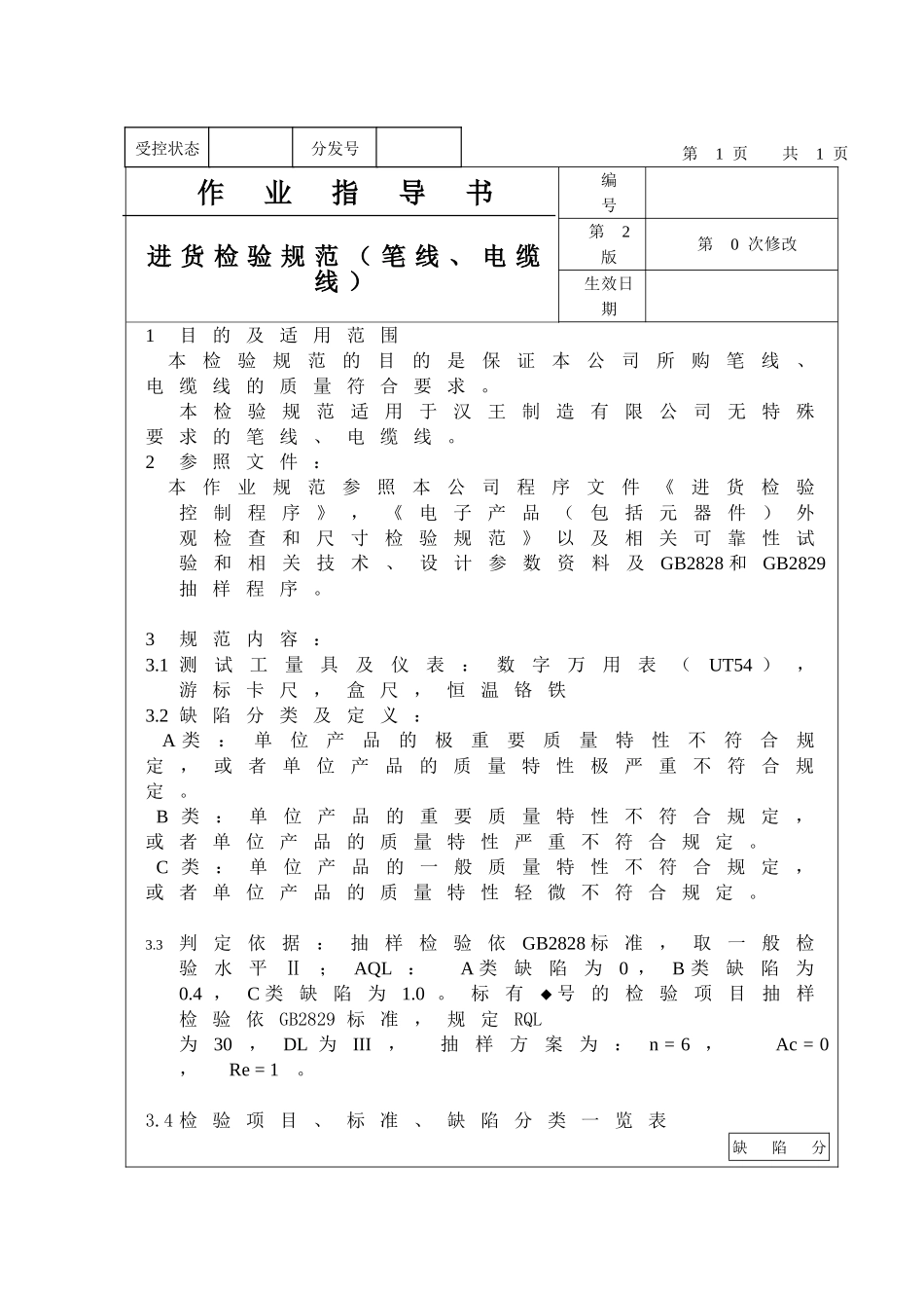 进货检验规范（笔线、电缆线）作业指导书_第1页