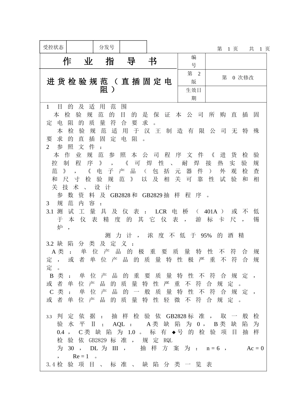 进货检验规范（直插固定电阻）作业指导书_第1页