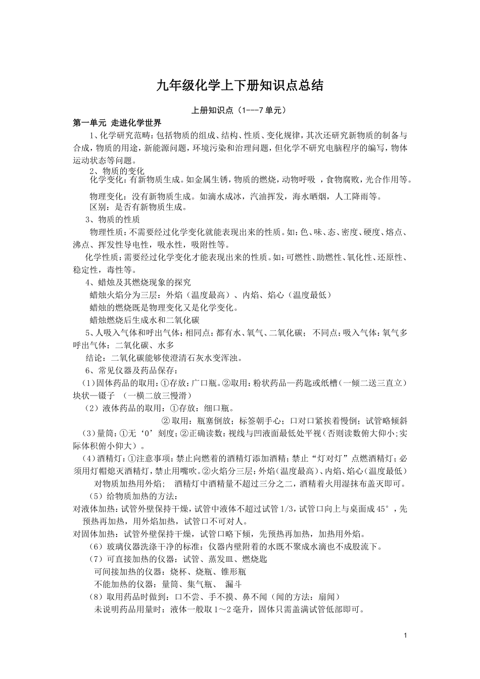 九年级化学上下册知识点总结_第1页