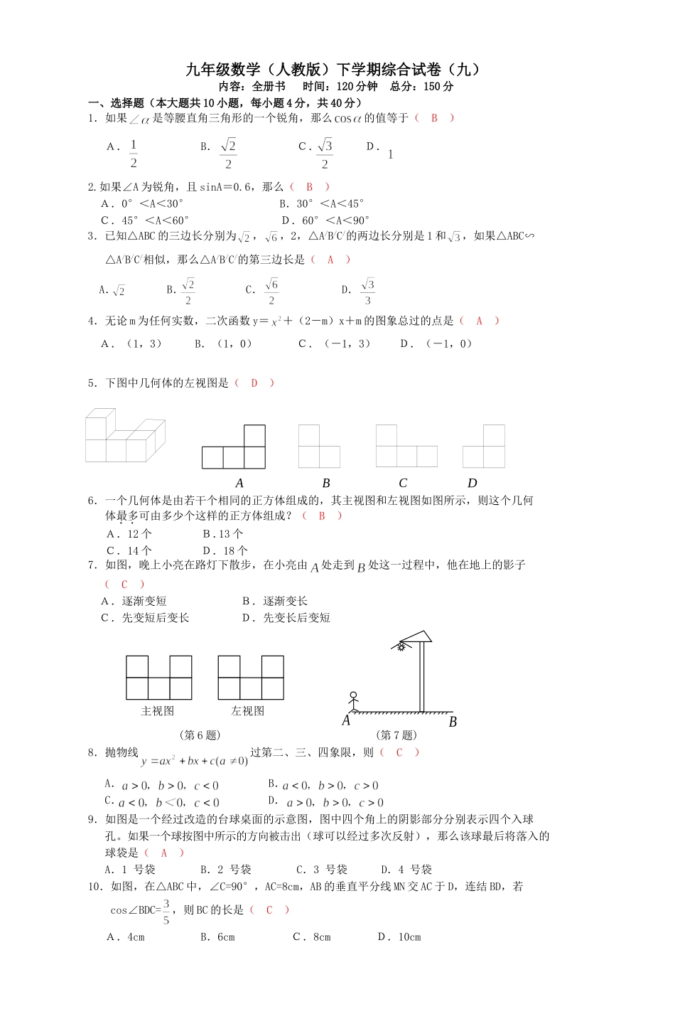 九年级数学（人教版）下学期综合试卷_第1页
