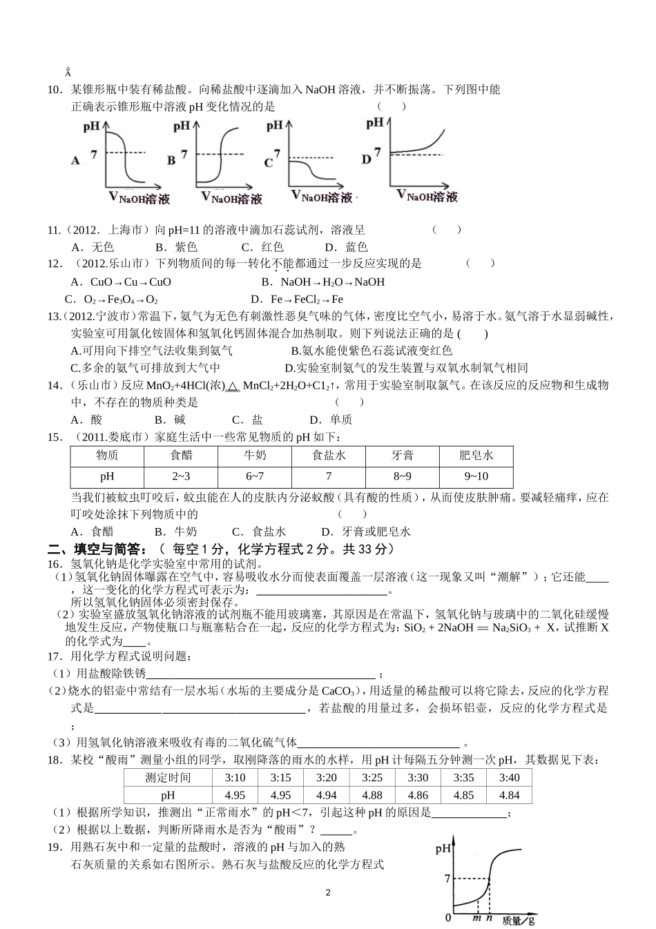 学年九年级人教版初中化学第十单元 酸和碱 单元测试题_第2页