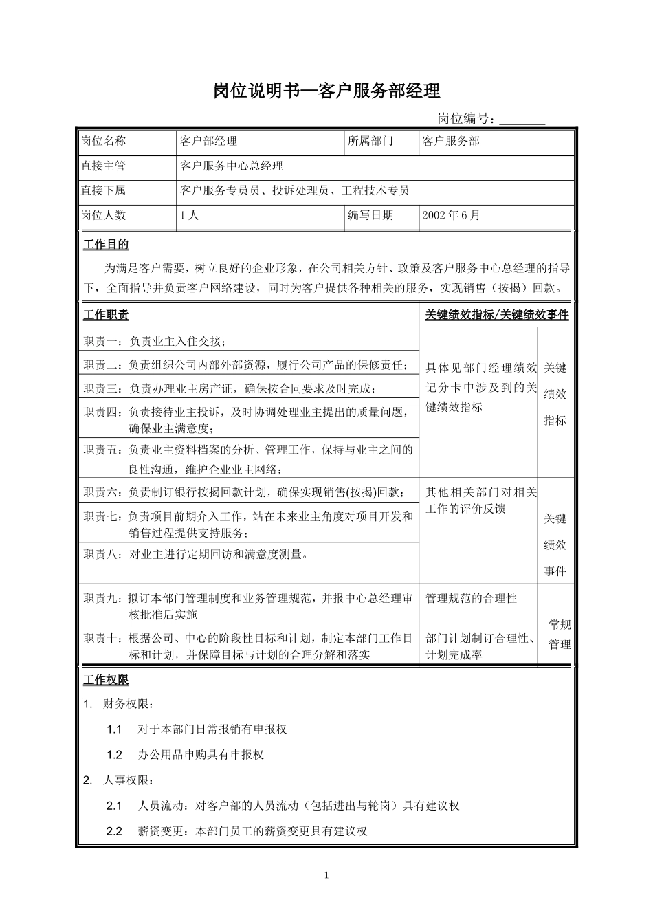 岗位说明书—客户服务部经理_第1页
