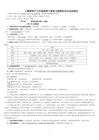 人教版初中七年级地理下册复习提纲知识点总结笔记