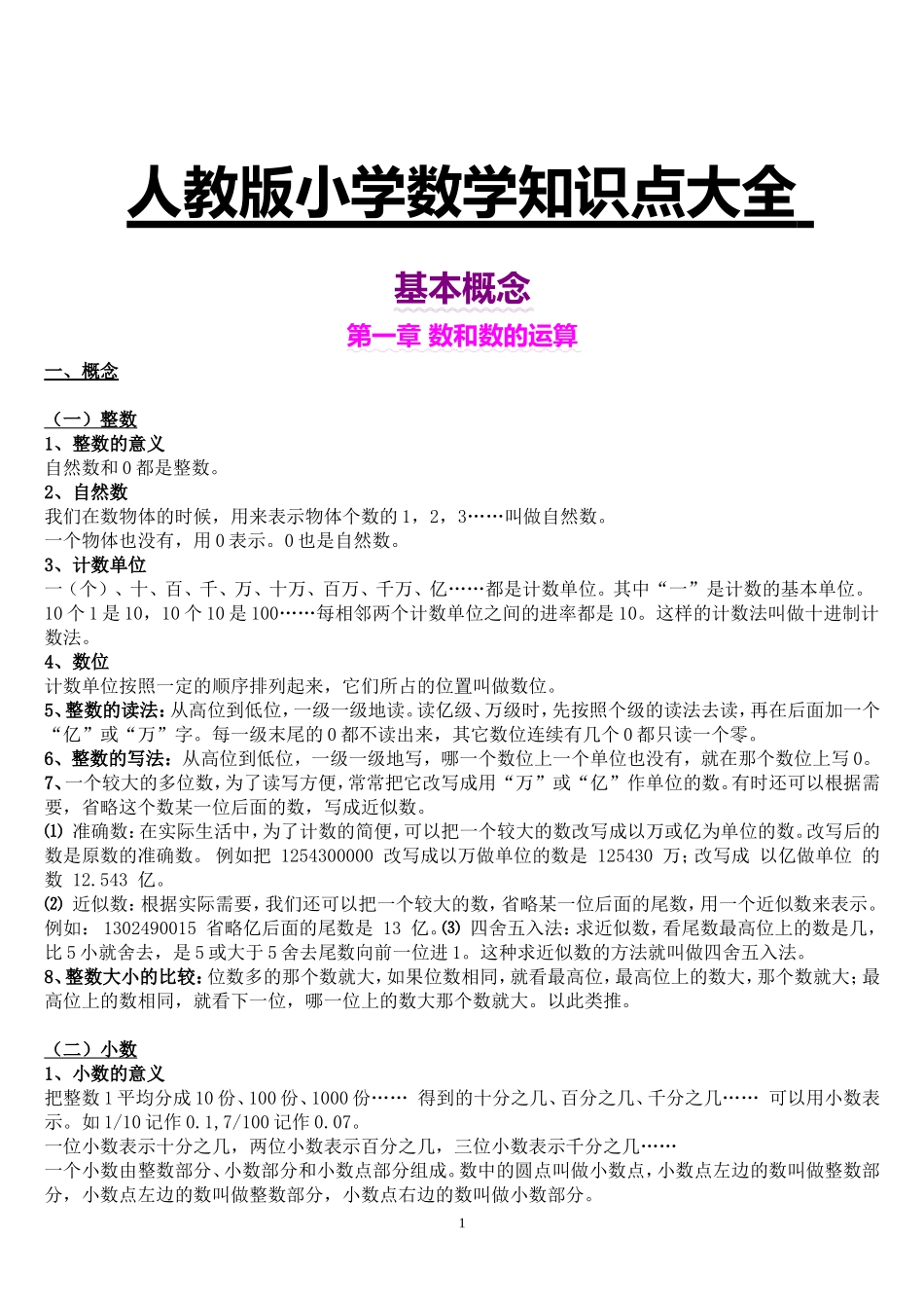 人教版小学数学知识点大全_第1页