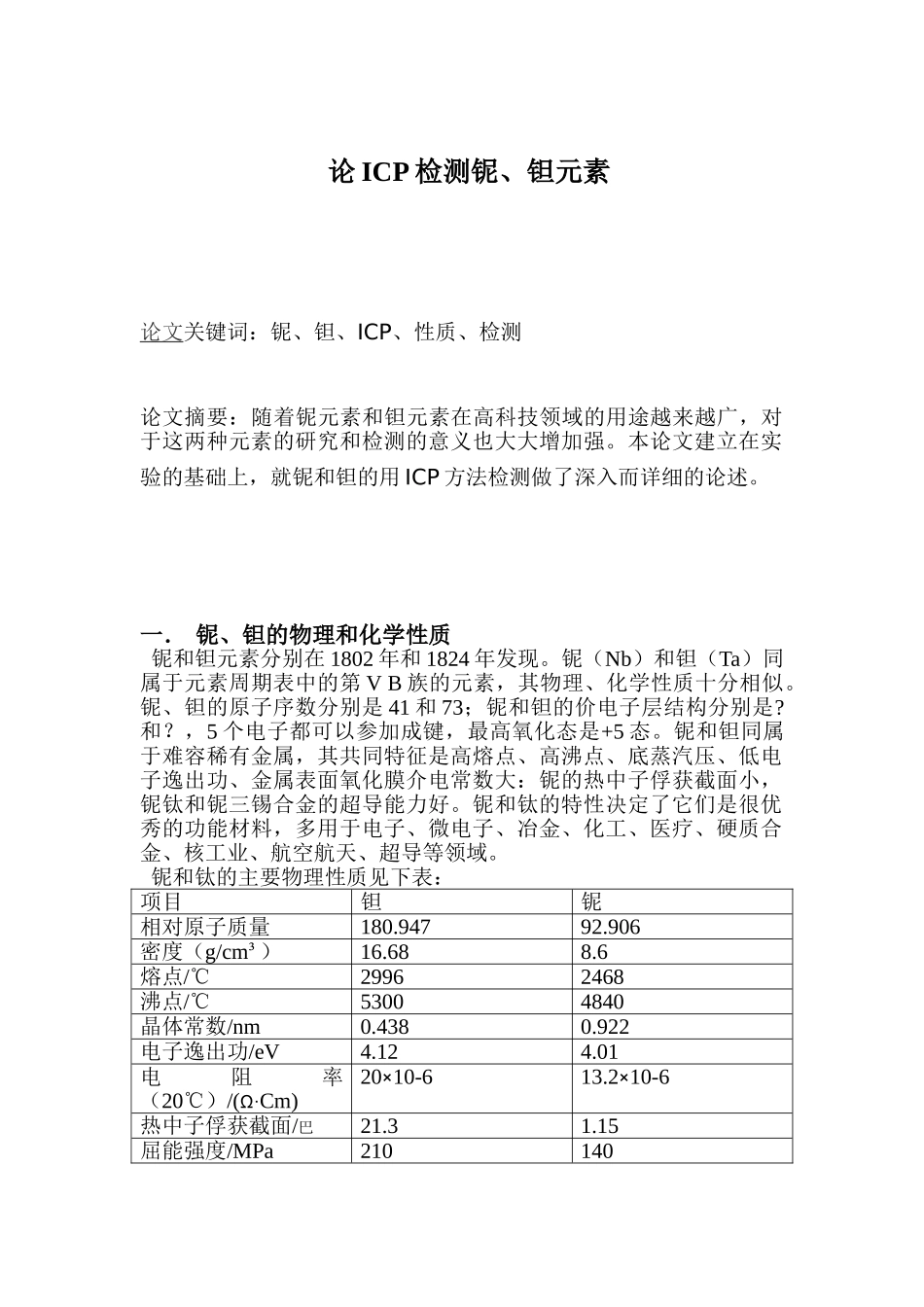 论ICP检测铌、钽元素分析研究  化学工程与工艺专业_第1页