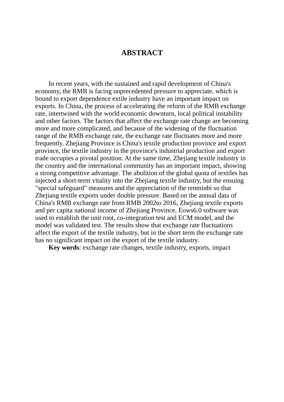 人民币汇率波动对浙江纺织业出口影响的实证分析研究   国际贸易专业_第2页