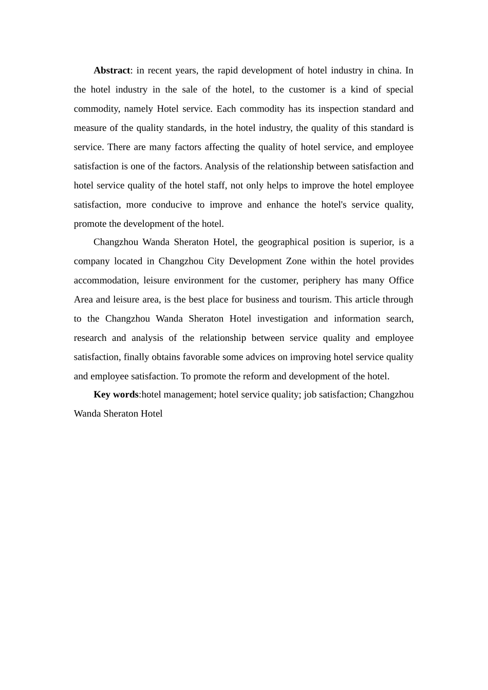 酒店服务质量与员工满意度关系研究分析——以常州万达喜来登酒店为例  人力资源管理专业_第2页
