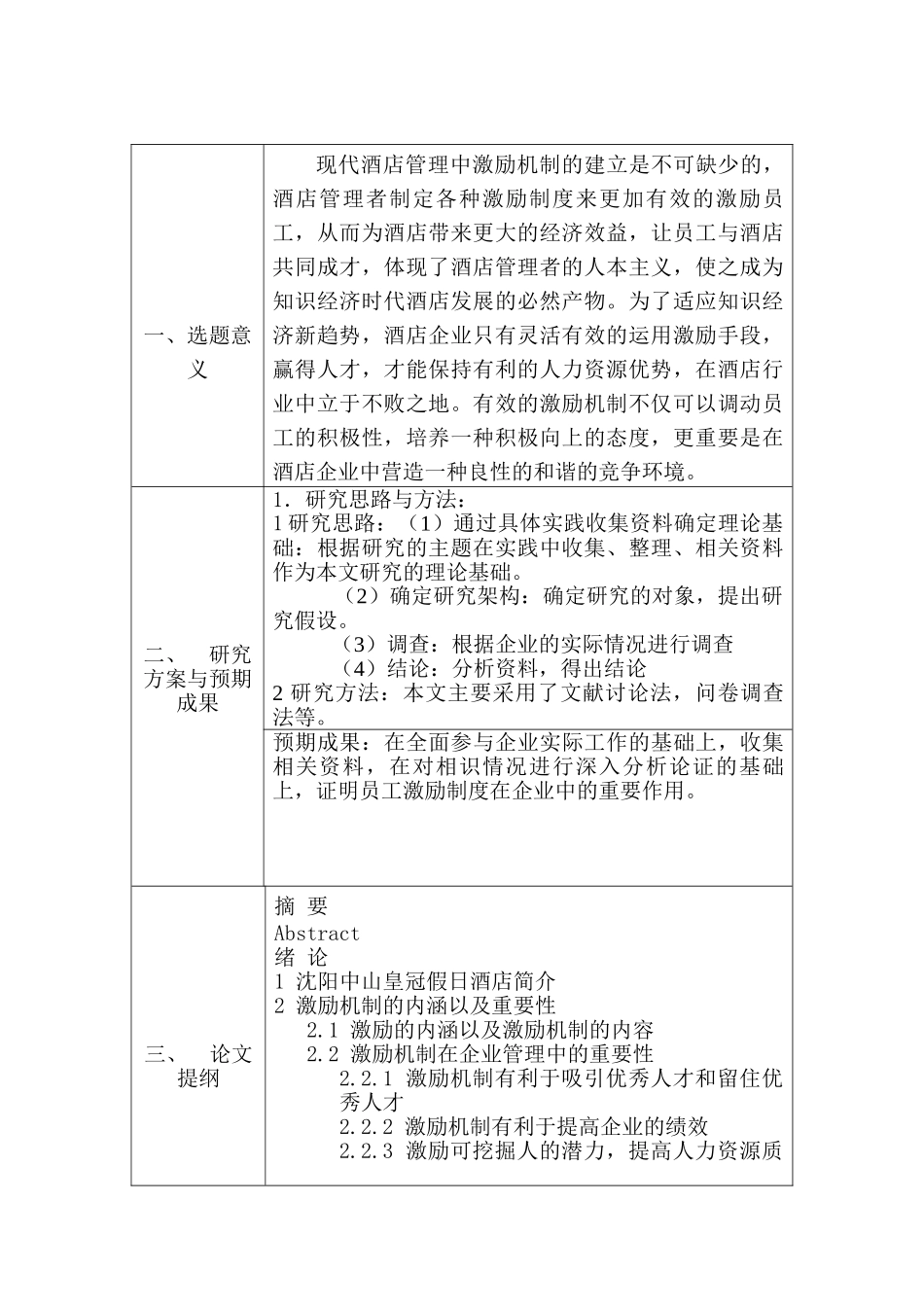 酒店激励机制研究分析  酒店管理专业 开题报告_第1页