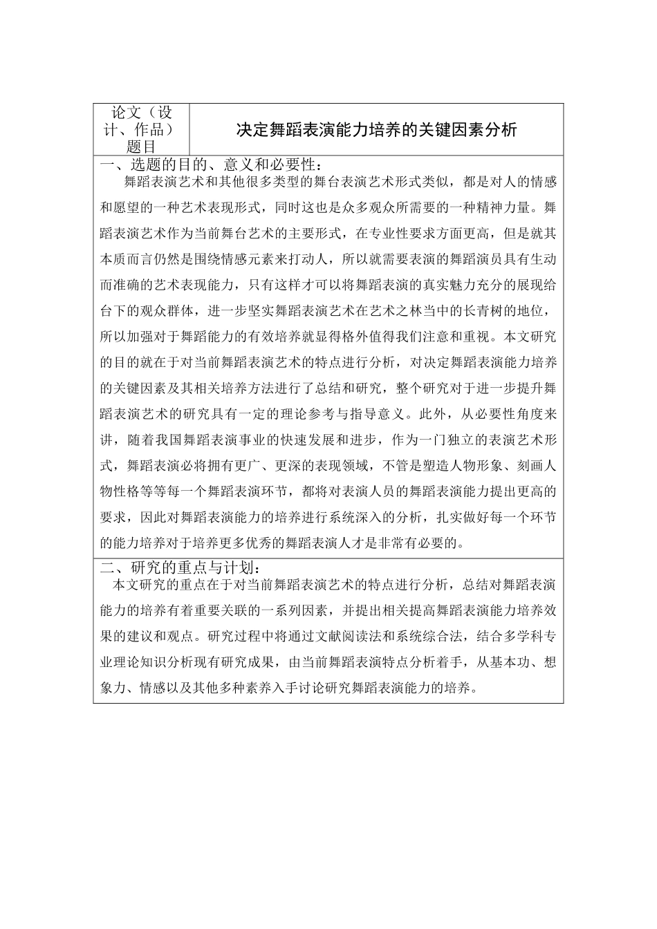 决定舞蹈表演能力培养的关键因素分析研究  开题报告_第1页