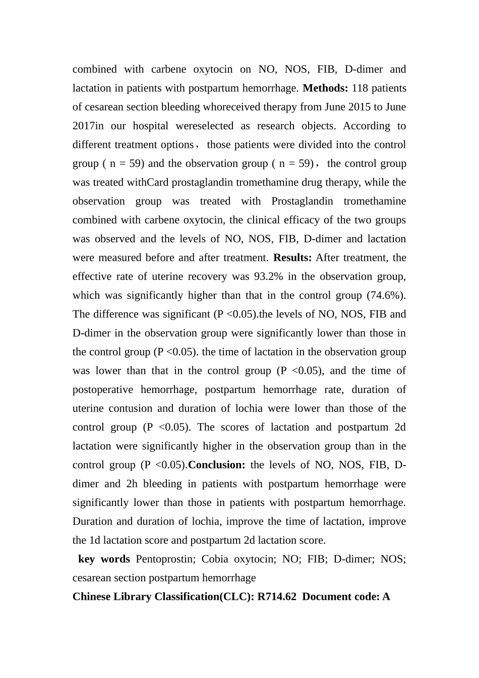 卡前列素氨丁三醇联合卡贝缩宫素对剖宫产后出血患者no、nos、fib、d-dimer及泌乳功能的影响分析研究  临床医学专业_第2页