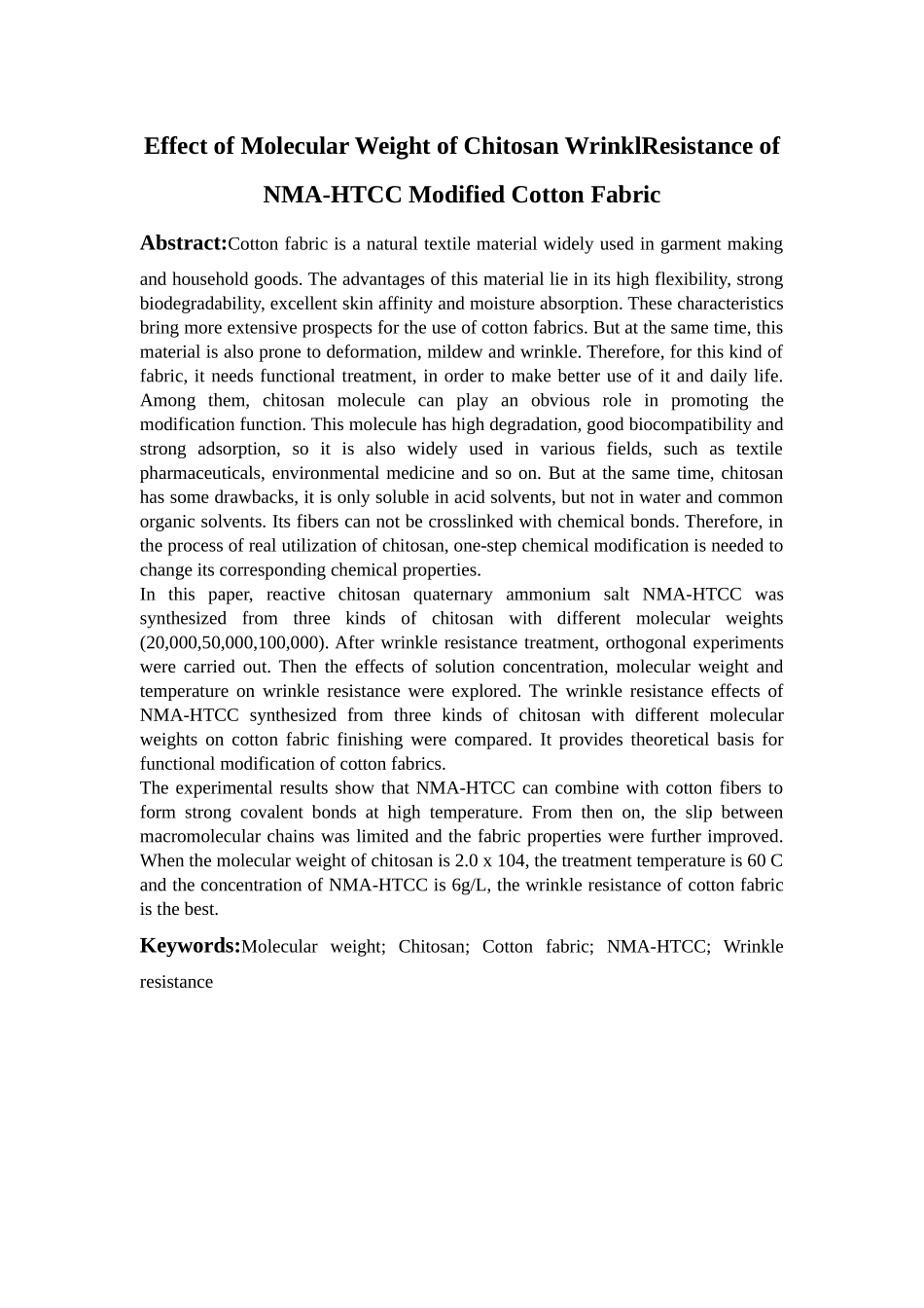 壳聚糖分子量对合NMA-HTCC改性棉织物抗皱效果的影响分析研究   生物技术专业_第2页