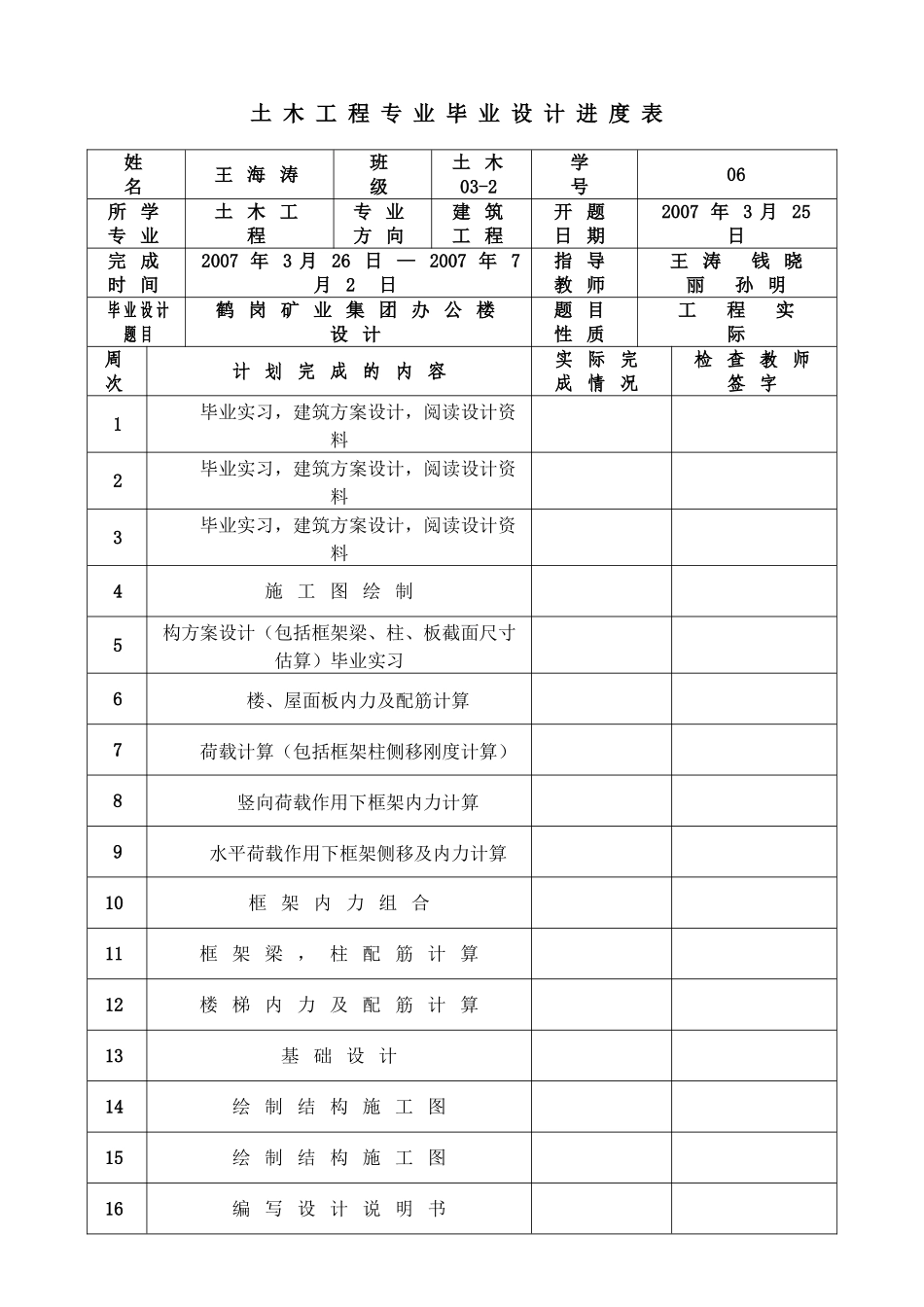 某六层一字型框架办公楼设计土木工程专业毕业设计进度表_第1页