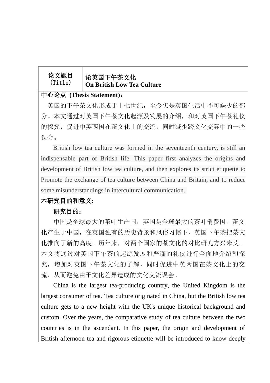 论英国下午茶文化分析研究  英语学管理专业 开题报告_第1页