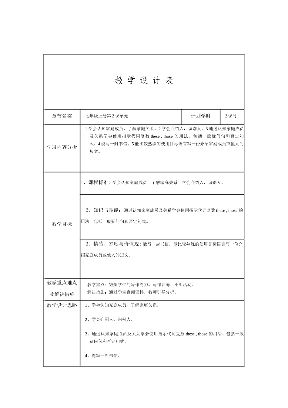 初中英语七年级上册第2课单元三维目标教案_第1页