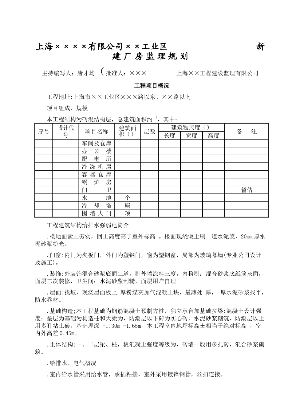 上海××有限公司××工业区新建厂房监理规划施工组织设计_第1页