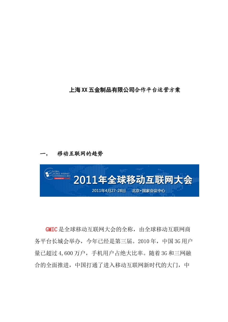 上海XX五金制品有限公司合作平台运营方案_第1页