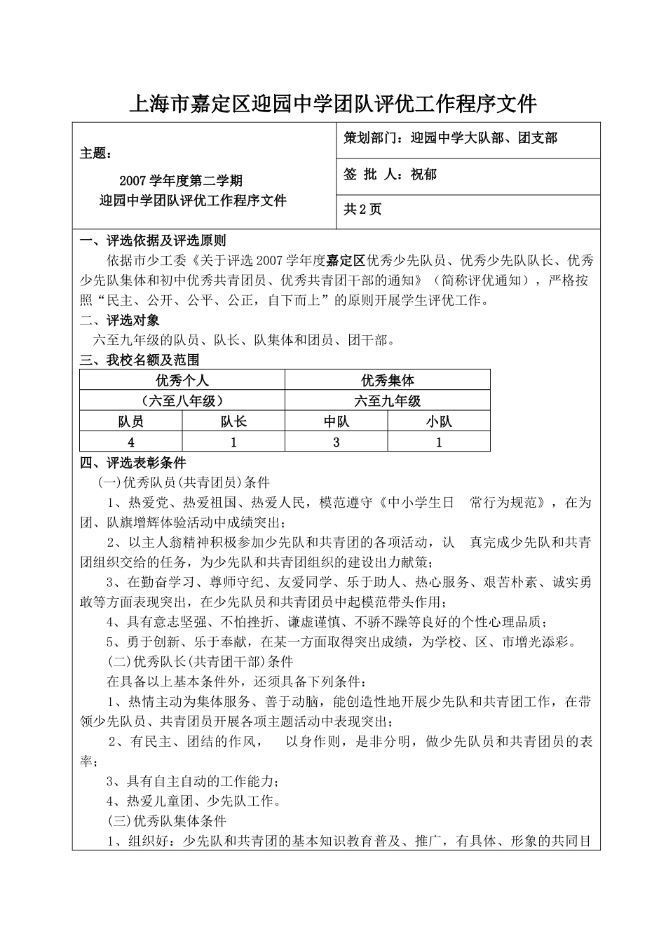 上海市嘉定区迎园中学团队评优工作程序文件_第1页