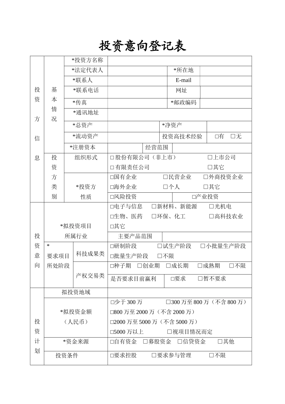 上海万乘投资咨询有限公司投资意向登记表_第3页