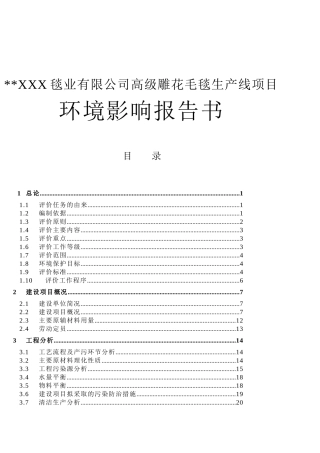 XXX毯业有限公司高级雕花毛毯生产线项目环境影响报告书