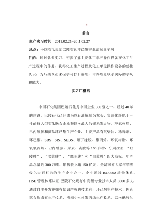 巴陵石化环己酮事业部制氢车间一起认识实习报告