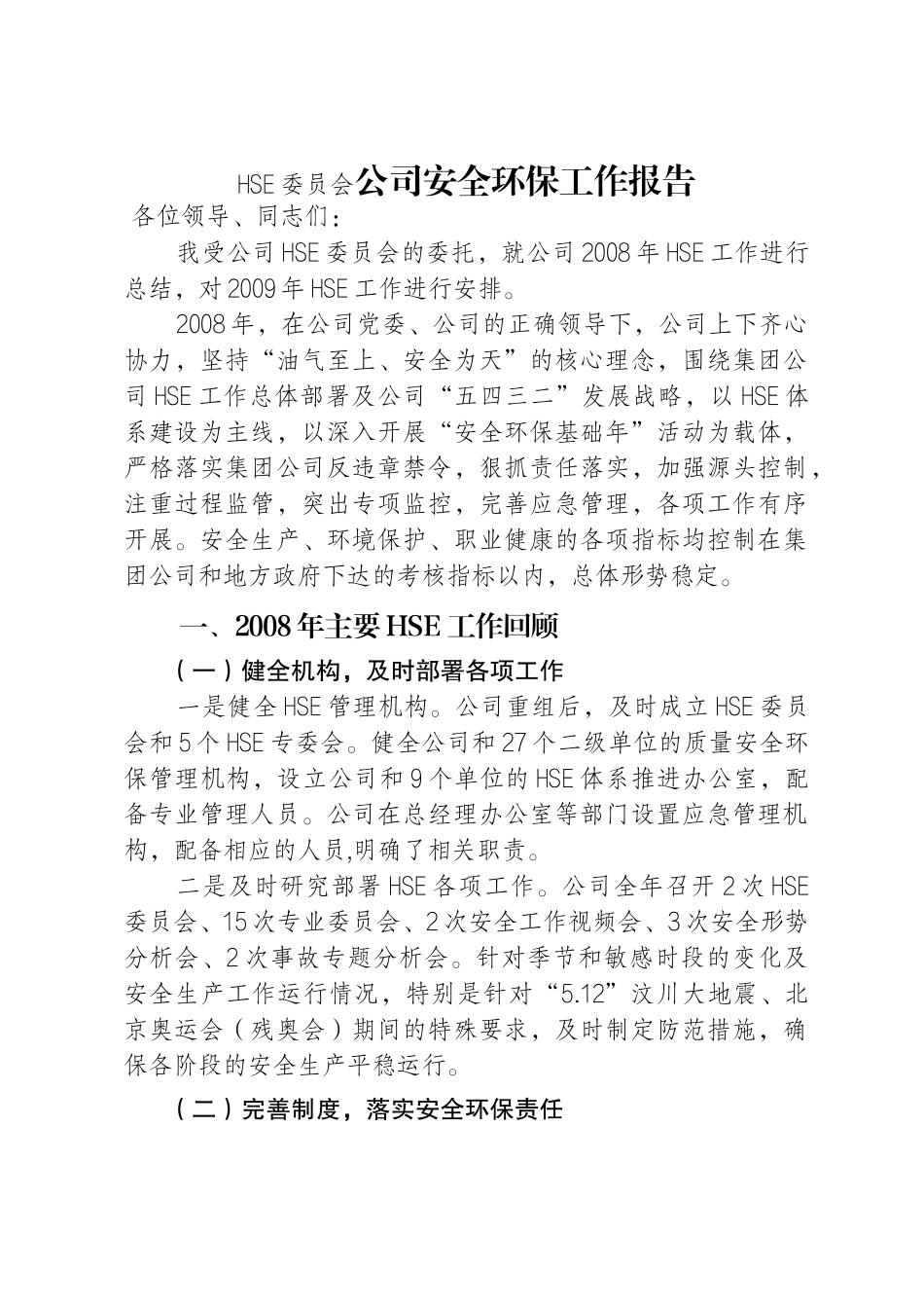 HSE委员会公司安全环保工作报告_第1页