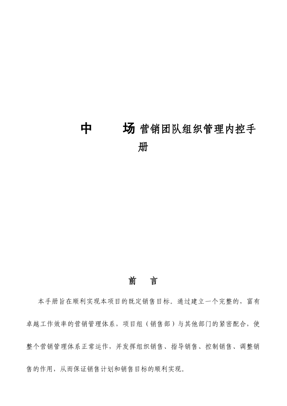 房地产公司陕西汉中XX广场 营销团队组织管理内控手册_第1页