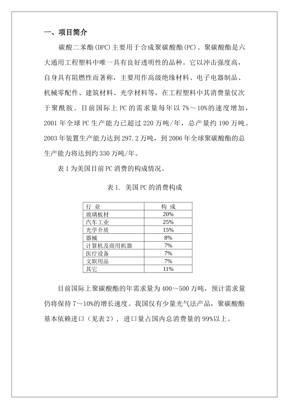 1万吨年碳酸二甲酯与苯酚酯交换法合成碳酸二苯酯项目建议书_第1页