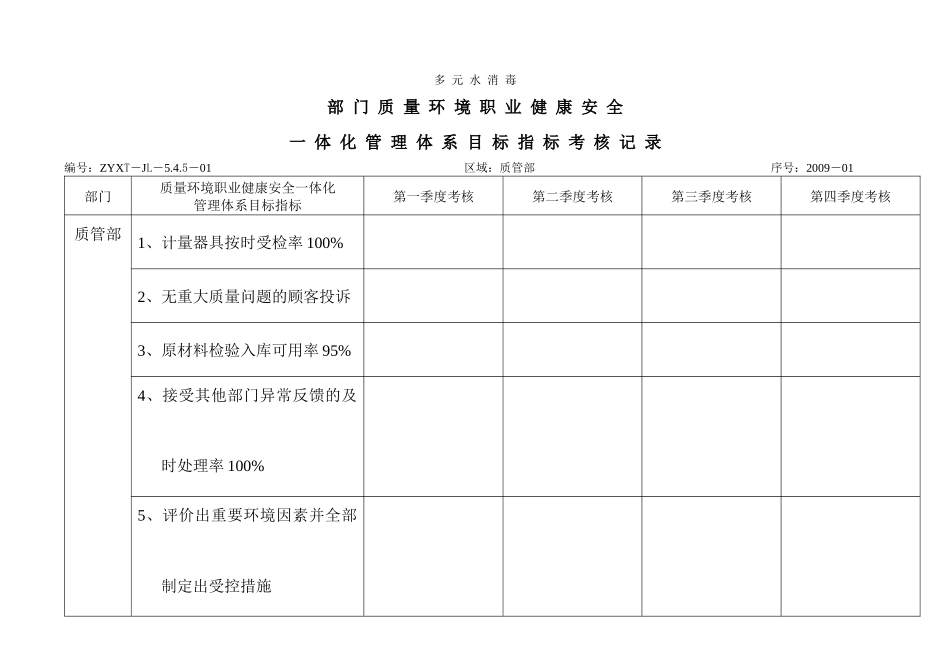 多元水消毒部门质量环境职业健康安全一体化管理体系目标指标考核记录_第1页