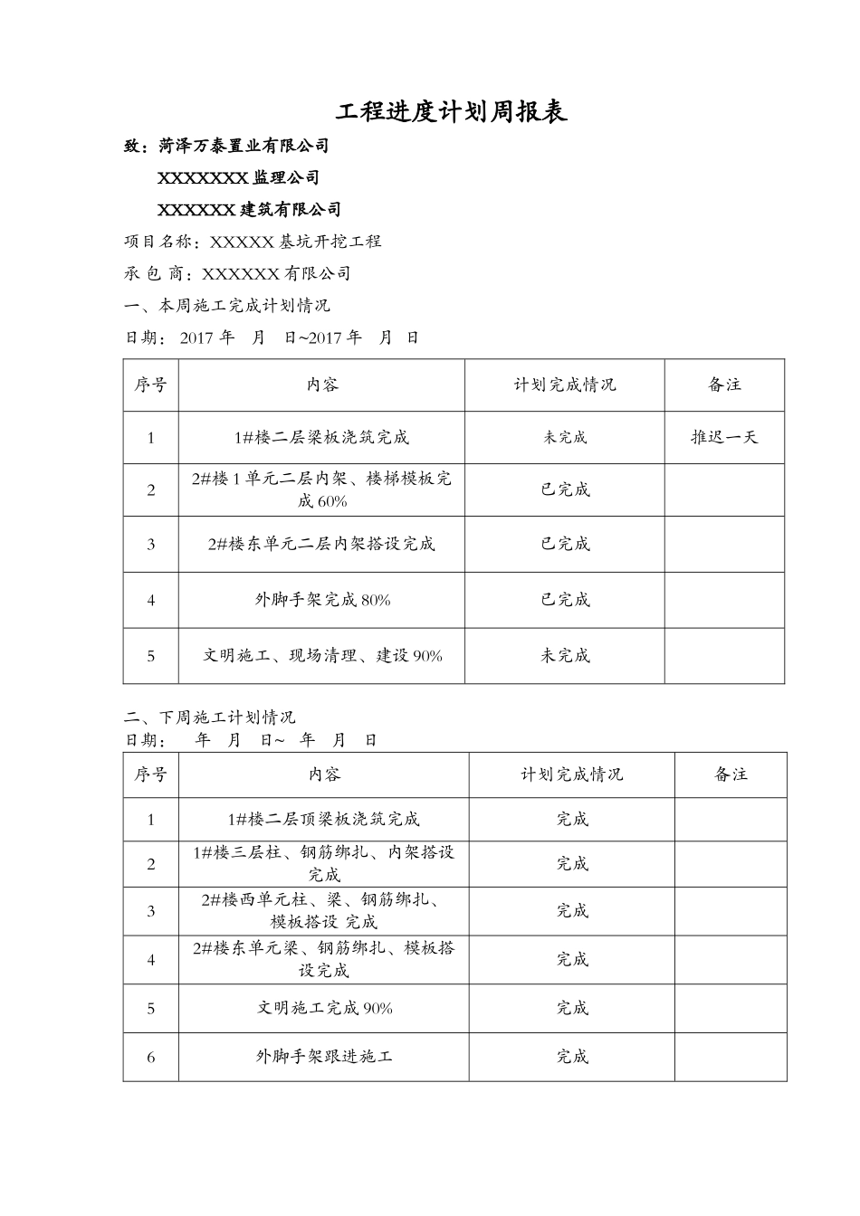 万泰XXX项目工程进度计划周报表_第1页