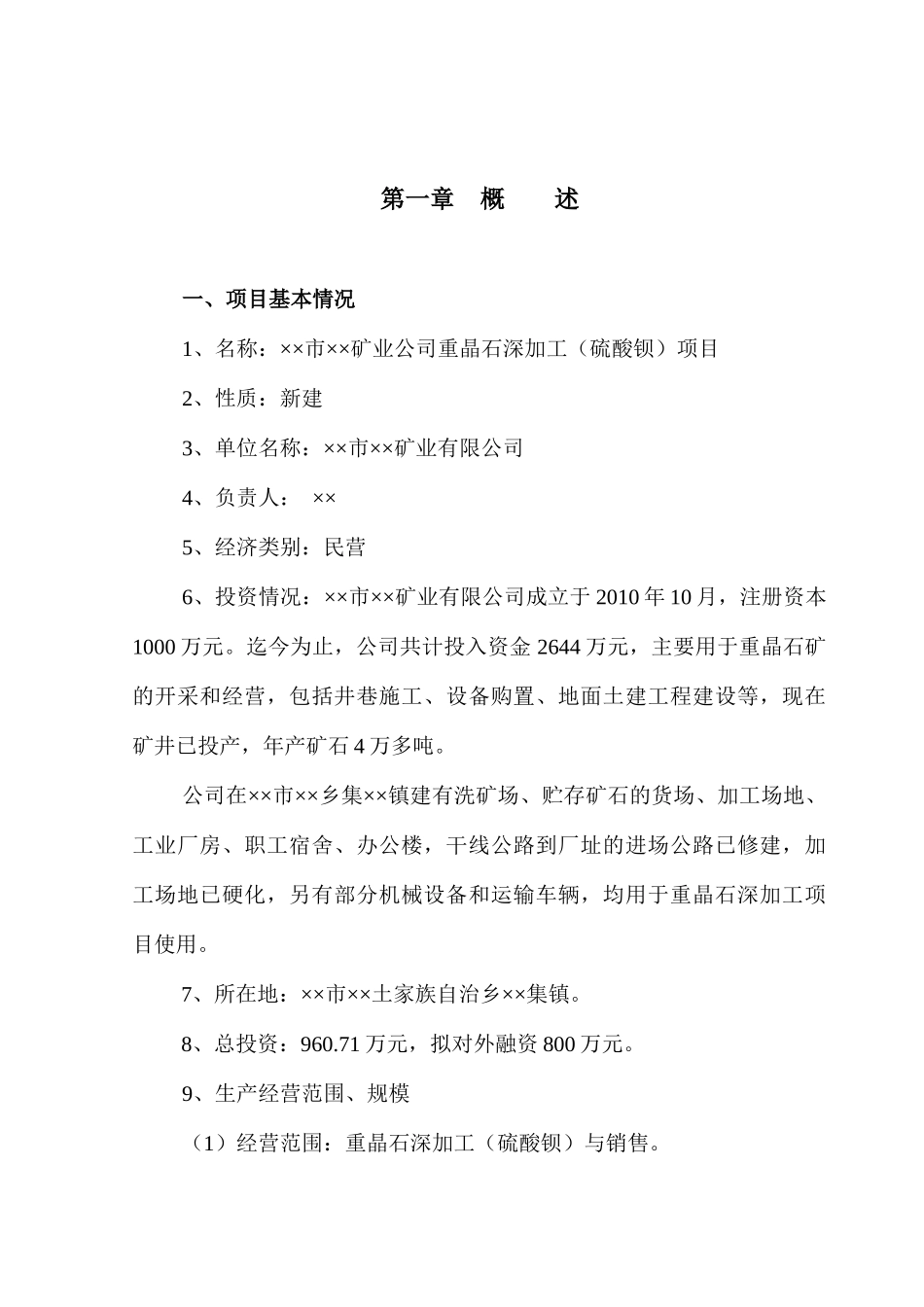 矿业公司重晶石深加工（硫酸钡）项目项目可研报告_第1页