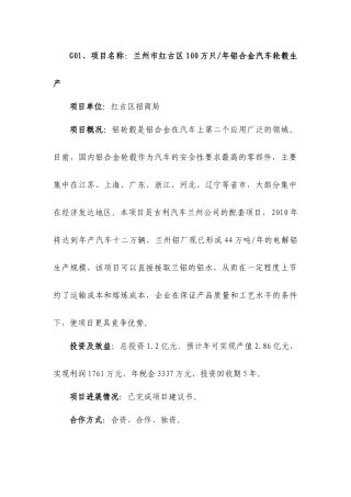 兰州市红古区100万只年铝合金汽车轮毂生产项目可行性分析报告