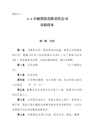 小额贷款有限责任公司章程样本