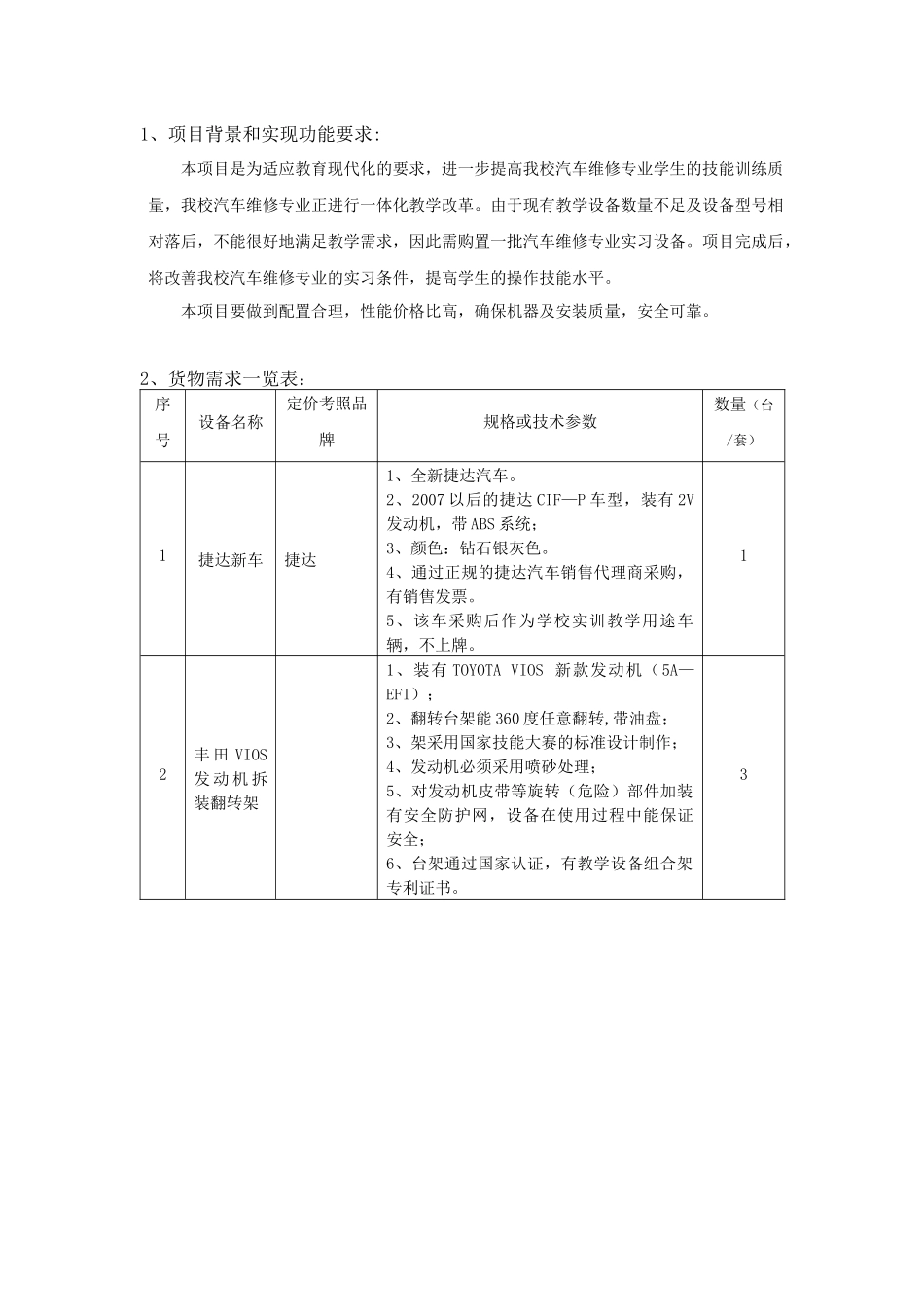 一批汽车维修专业实习设备采购项目背景和实现功能要求_第1页
