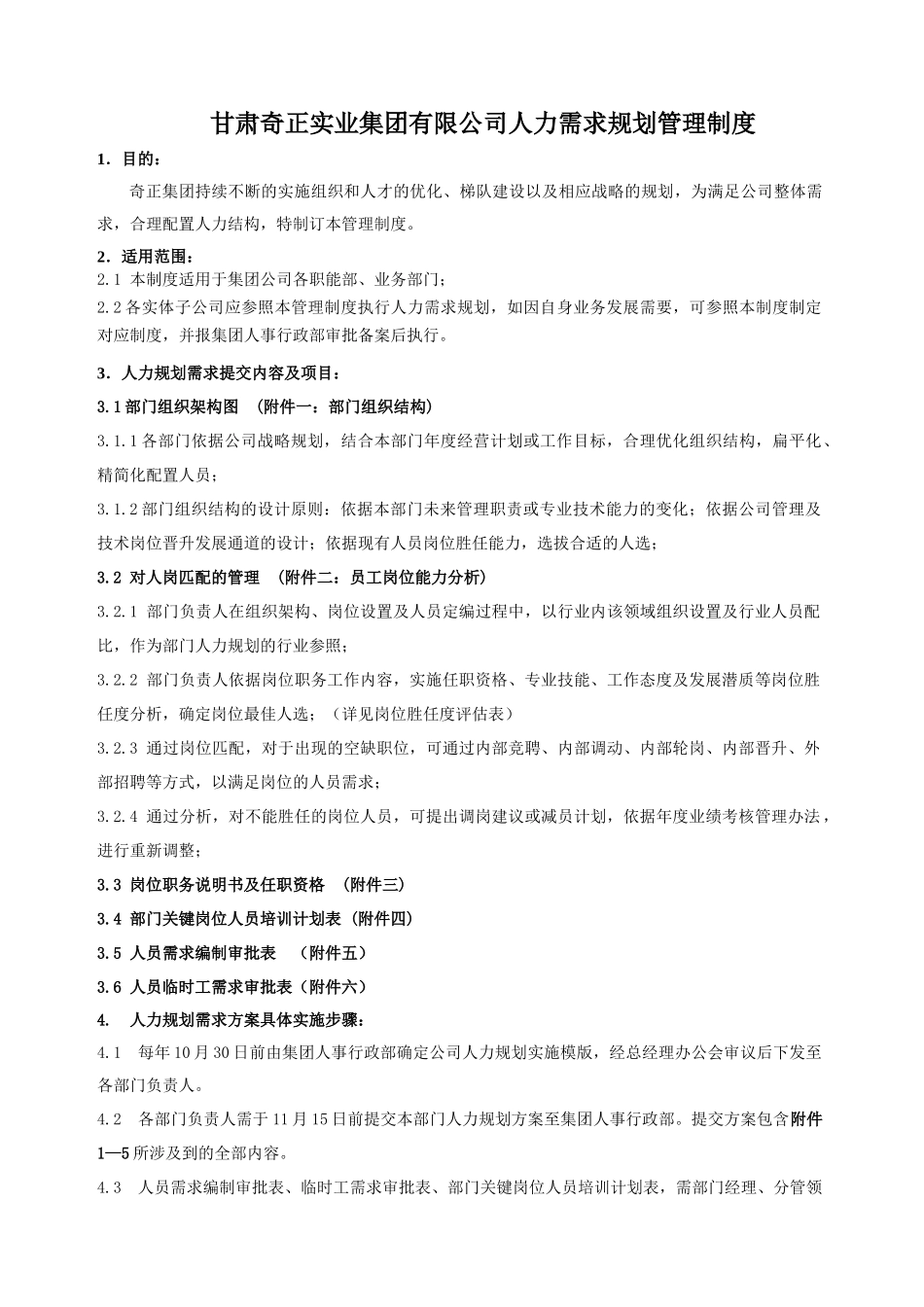 甘肃奇正实业集团有限公司人力需求规划管理制度_第1页