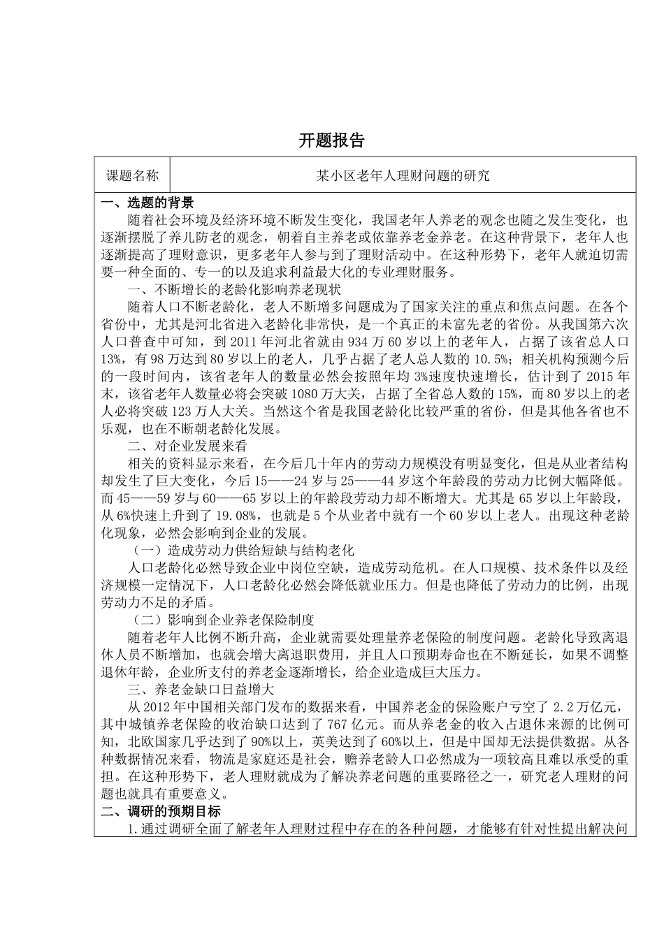 某小区老年人理财问题的研究分析 财务会计学专业_第1页