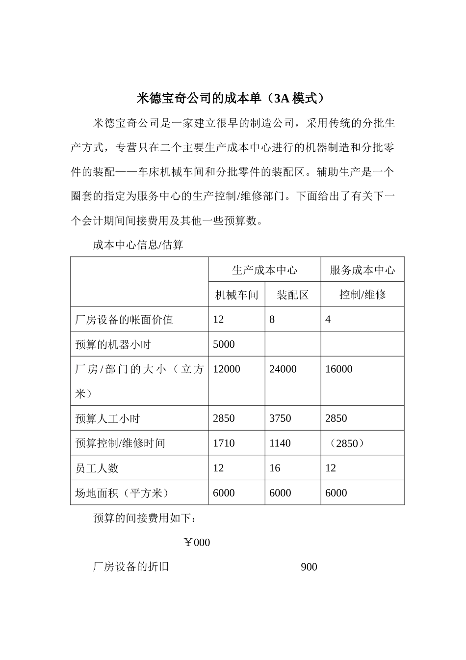 米德宝奇公司的成本单（3A模式）_第1页