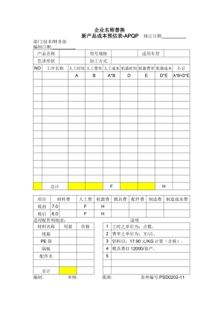 新产品成本预估表