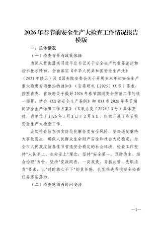 2026年春节前安全生产大检查工作情况报告模版
