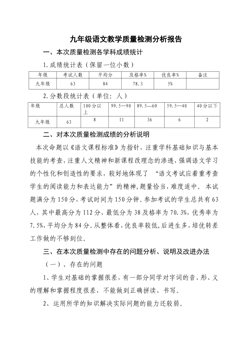 红星九年制学校学年第二学期期末九年级语文教学质量检测分析报告_第1页